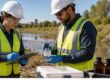 Environmental field professionals reviewing sampling information beside a waterway.